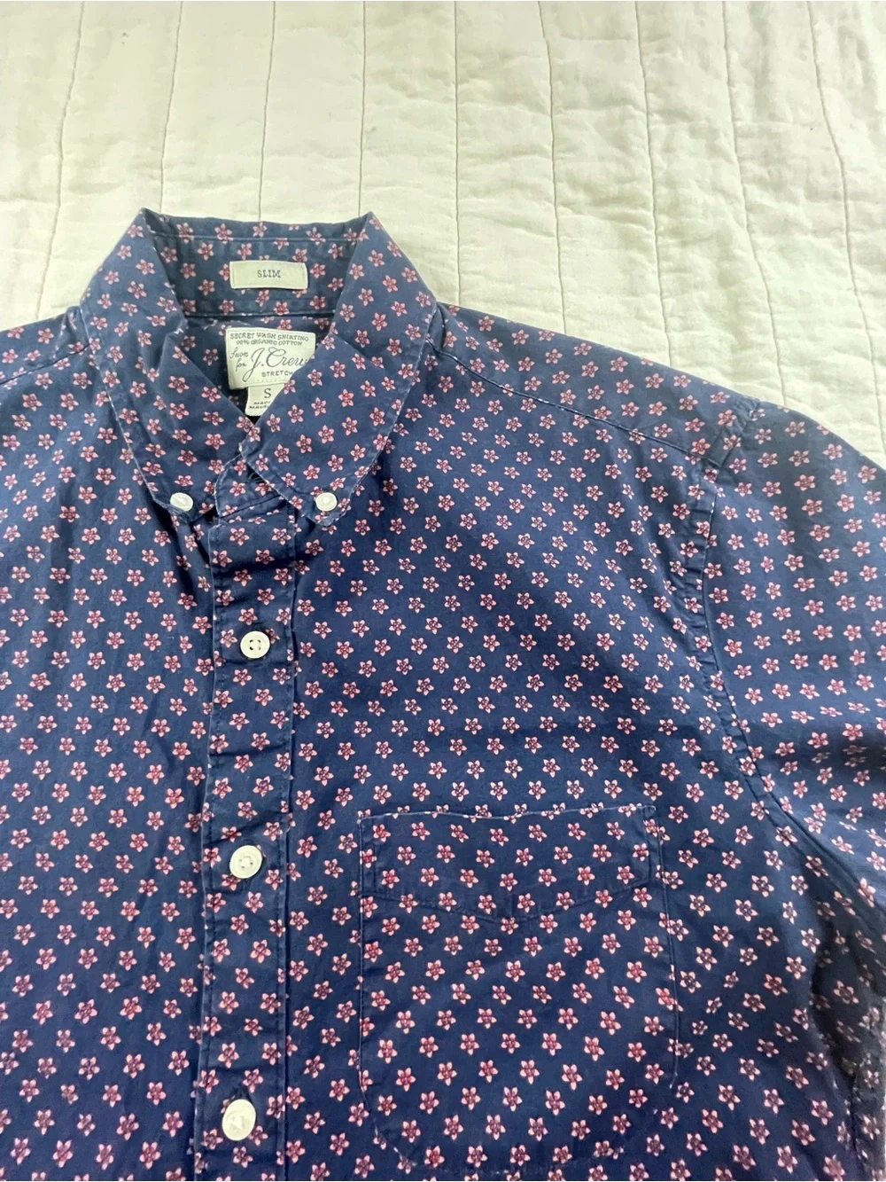 J. Crew Navy Button-Down Shirt with Pink Floral Print Mens Small